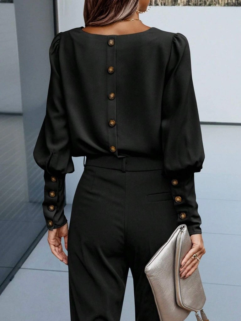 Tua Moda Kadın Uzun Kollu Yuvarlak Yakalı Düğmeli Ithal Krep Bluz Siyah