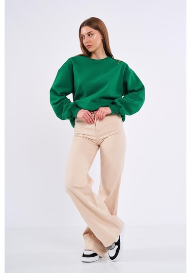 Comeor Yeşil Kadın Pamuklu Oversize Basic Bisiklet Yaka Sweatshirt 001