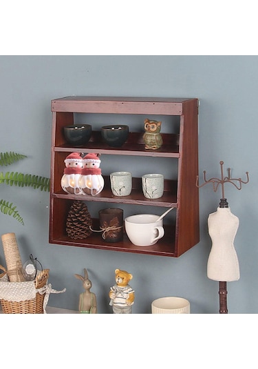 Suntek Kupa Tutucu Rafı 3 Katlı Ahşap Ekran Yükseltici Kırmızı Kahverengi