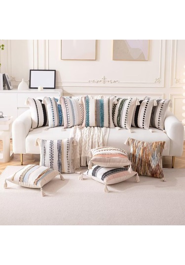 Vkemall 2'li Bohem Desenli Yorgan Kılıfı 18x18 İnç, Siyah, Çift Taraflı, Gizli Fermuar, El Yapımı Tassel, Koltuk Yastık Kılıfı Siyah