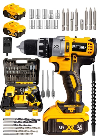 Steiner XR 58 V 5Ah Darbeli Li-ion Çift Akülü Şarjlı Vidalama Matkap + 30 Parça  Pro Usta Set