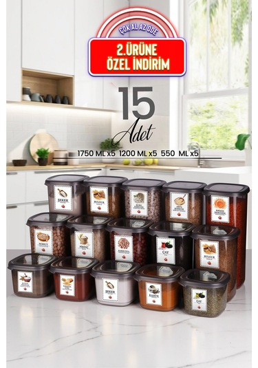KitchenLife 15'li Etiketli Square Kare Erzak Saklama Kabı Seti X5 550ml-1200ml-1750ml Sert Kapaklı Kavanoz