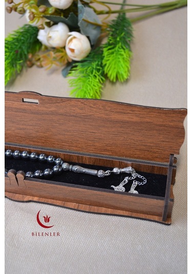 Hematit Taşlı 33 Lü Erkek Tesbih Doğal Taş, Şık Ahşap Kutu Çok Renkli