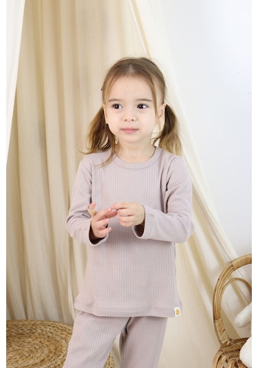 Zuzunga Basic Fitilli İnterlok Kumaş Pamuk 1-5 Yaş Vizon Bebek Pijama Takımı