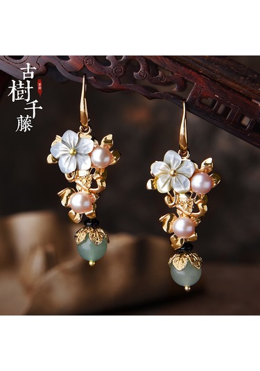 Wezone Zencefil Yeşili İpek Ve Siyah Mantar Boncuklu Klasik Çin Stili Uzun Küpe, Kadınlar İçin Modern Ve Dayanıklı Güzellik Aksesuarı Gold