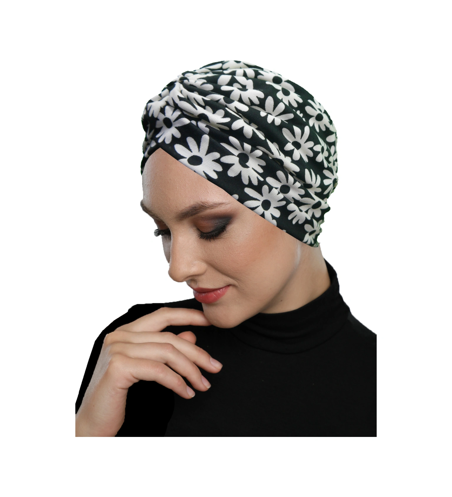 Gece Çiçeği Desenli Çapraz Ve Bant Detaylı Astarlı Hazır Türban Tesettür Havuz Bonesi Siyah-beyaz