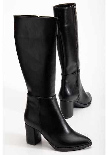 Kadın Topuklu Çizme Siyah Suni Deri Sivri Burun-4207 Siyah