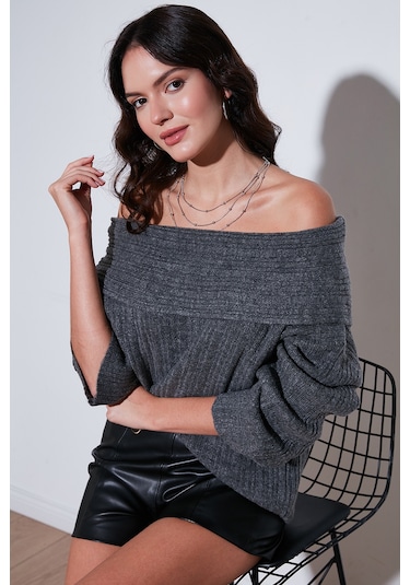 Lela Oversize Fit Madonna Yaka Triko Bayan Kazak 4615216 Antrasit