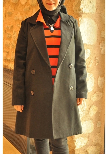 Kruvaze Kaşe Kaban Siyah