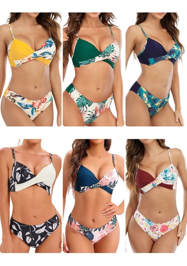 Mufunye Kadın Bikini İki Parça, Baskılı Desen, Ayarlanabilir Askı, Dolgulu Sütyen, Spor Ve Şık Stili, Kırmızı, Asya Beden L 8830 Bordo