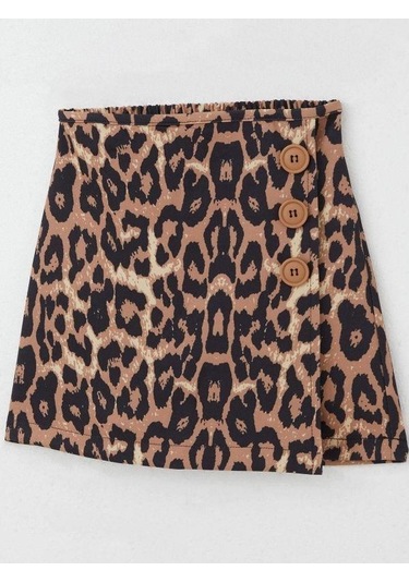 Kız Çocuk Leopar Desenli Şort Etek-15496 Kahverengi