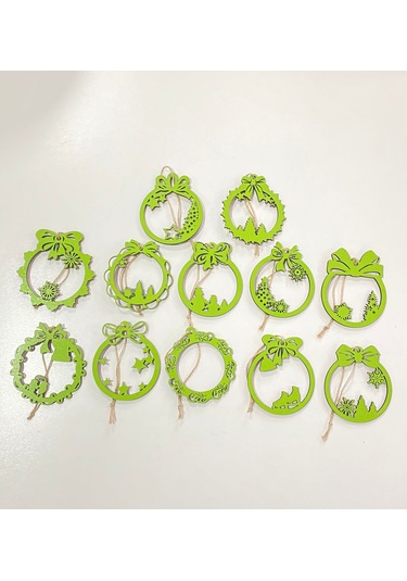 Ahşap 12 Adet Yılbaşı Ağacı Süsü Yeşil