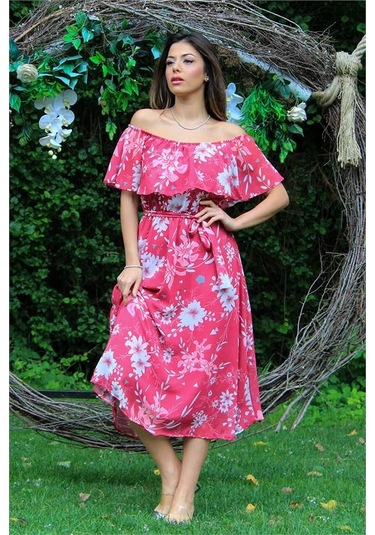 Neşeli Butik Kadın Fuşya Bağlama Detaylı Madonna Yaka Şifon Elbise Nb100371 Fuşya