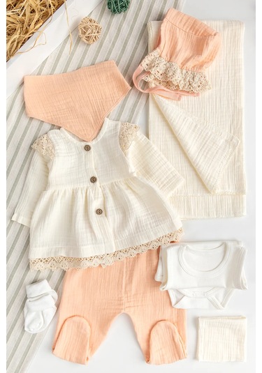 Müslin %100 Pamuklu 8 Li Kız Bebek Hastane Çıkışı Bebek Takımı Yeni Doğan Set