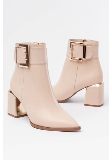 Dnz-400 Bej Toka Aksesuarlı Topuklu Fermuarlı Günlük Kadın Bot Bej