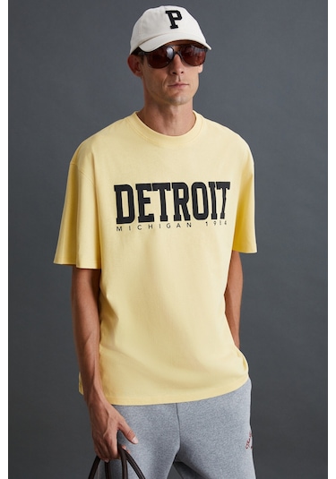 ATLANTA Erkek %100 Pamuklu Kısa Kollu Baskı Detaylı Sarı T-Shirt
