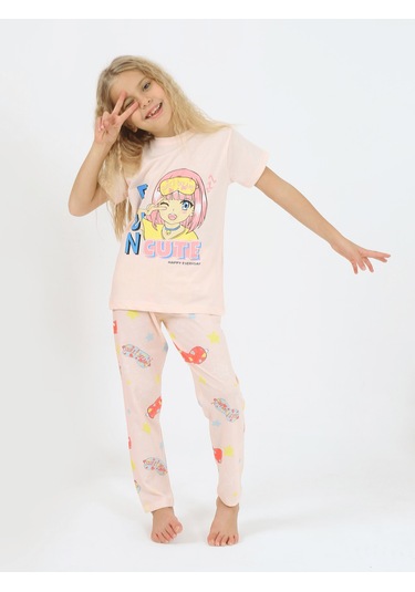 Kız Çocuk Kısa Kollu %100 Pamuklu Flower Up Pijama Takımı Fun Somon