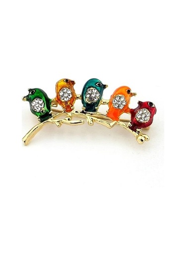 Solfera Renkli Serçe Daldaki Kuşlar Zirkon Taşlı Yaka Iğnesi Broş Rz101