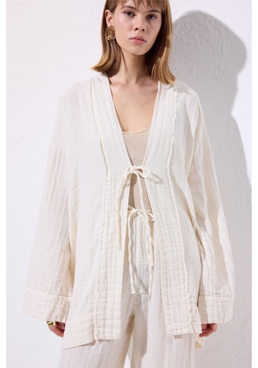 Müslin Geniş Kollu Kimono Bej Bej