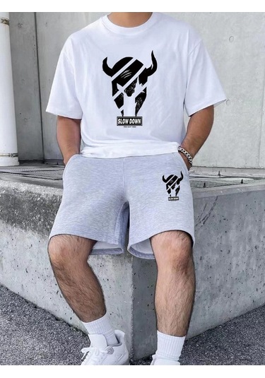 Slow Down Baskılı Gri Şort Beyaz T-shirt Takım Gri Beyaz