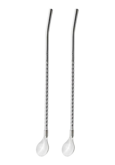 Gümüş 2 Adet/takım Siyah Yeniden Kullanılabilir Uzun Saman Kaşığı Renkli 304 Paslanmaz Çelik Pipetler Kepçe Bar Kokteyl Kahve Karıştırma İçme Kaşığı