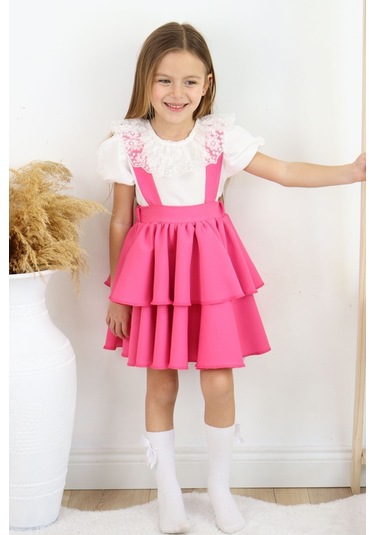 Kız Çocuk Helen Pembe Askılı Kat Kat Bağlama Jile Elbise Dantel Detay Ekru Kısa Kollu Bluz Takım