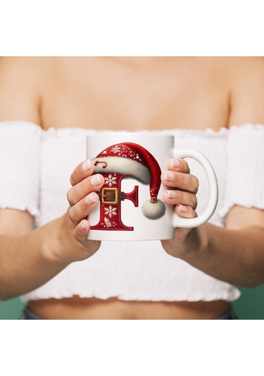 F Harfi Yılbaşı Temalı Bardak 330 Ml Harfli Kişiye Özel Hediye - Yeniyıl / Noel Şapka Tasarım Beyaz