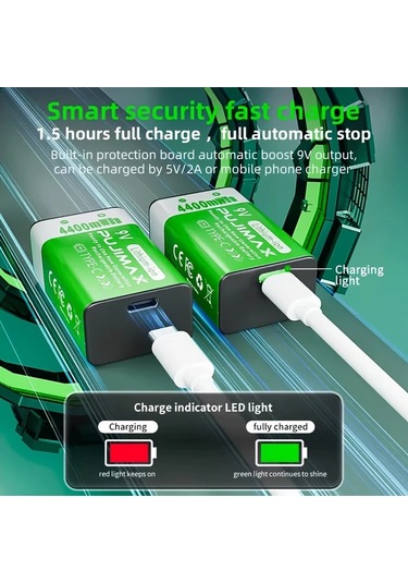 Globalbloom Pujımax 9v 4400mah Şarj Edilebilir Lityum Pil Type-c Kablolu 2 Adet
