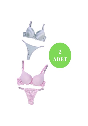 Murays Kadın 2 Li Taşlı Sütyen Takım Gri/pembe