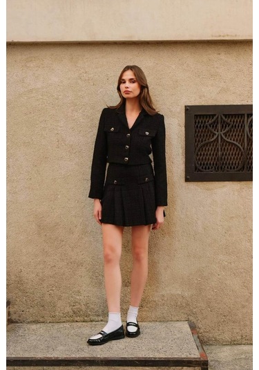 Kadın Premium Tuvit Siyah Crop Ceket