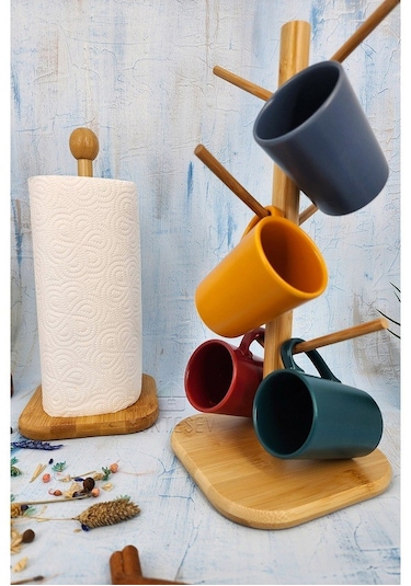 Ahşap Bambu Bardak Kupa Fincan Askılığı Kağıt Havluluk 2li Set