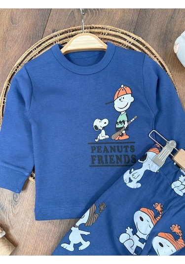 Bisiklet Yaka Peanuts Friends Baskılı Alt Üst Pijama Takımı 4bb2 Lacivert