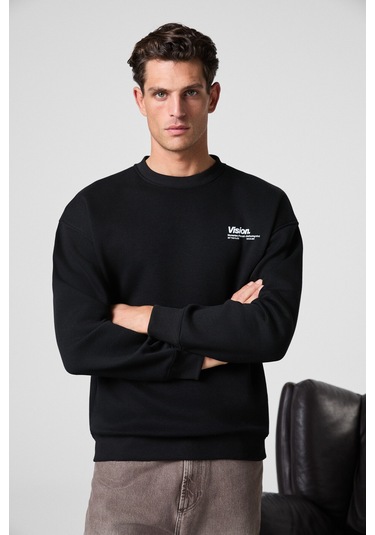 Ernest Erkek Organik Pamuklu Yumuşacık Baskı Detaylı Bisiklet Yaka İçi Polarlı Siyah Sweatshirt