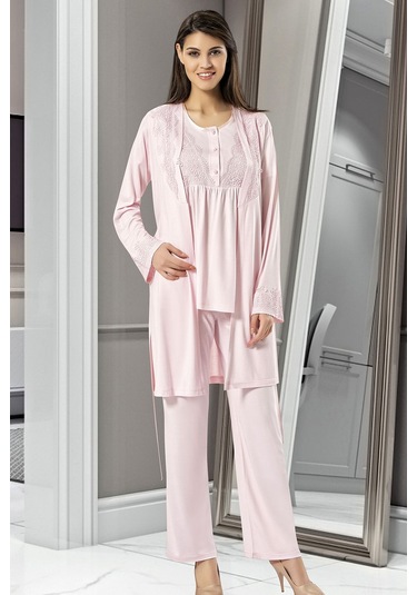 Xses 4001 Kadın Hamile Lohusa Sabahlıklı Pijama Takım-pudra