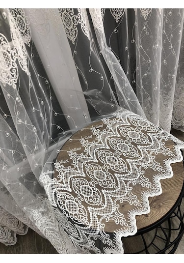 Tül Perde Çerçeve Desen Brillant Marka Sedef Sim Brode Işleme Ekru