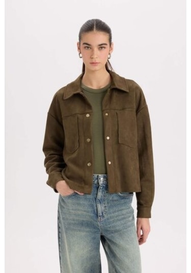 DeFacto Crop Çıtçıtlı Cepli Süet Gömlek Ceket B2983AX24WNKH447 Haki
