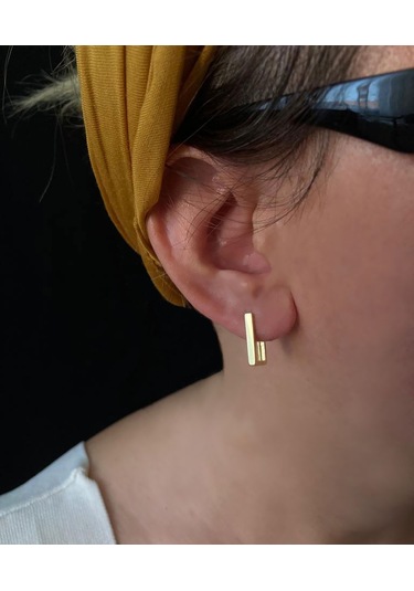 Gold Küçük Dikdörtgen Gümüş Küpe Gümüş