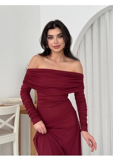 Uras Straplez Elbise Bordo