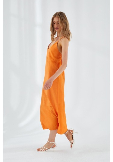 4252 Kadın İp Askılı V Yaka Elbise Turuncu Turuncu