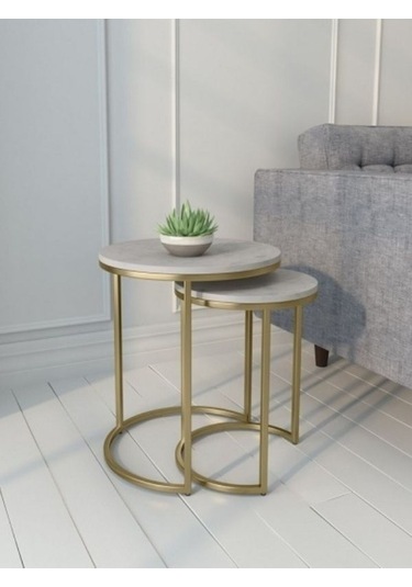 2'li Yuvarlak Gold Yan Ve Zigon Sehpa Gold