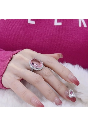 925 Ayar Gümüş Ayarlanabilir Oval Pembe Zirkon Taşlı Yüzük