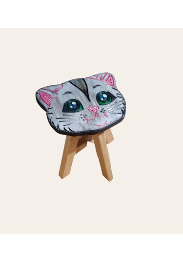 Sevimli Kedim Tamamı Ahşap El Yapımı Çocuk Taburesi