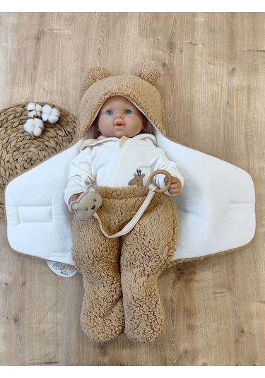 Bebek Dış Kundak Battaniyesi Pelüş Ayaklı Welsoft Uyku Tulumu Kışlık Mont Yenidoğan 0-12 Ay Sütlü Kahve