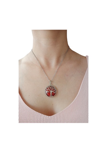 Mercan Doğal Taşlı Hayat Ağacı Çelik Kolye - Kadın Kırmızı