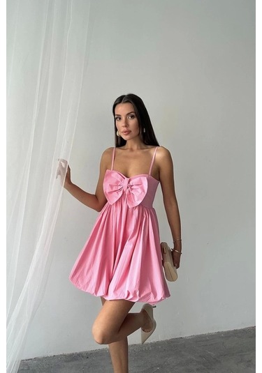 Pembe Önü Fiyonklu Askılı Elbise Pembe