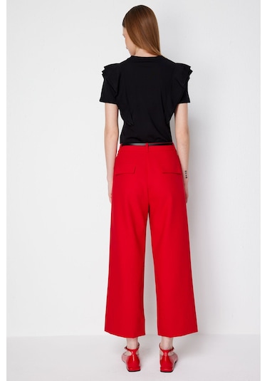 Ekol Kadın Beli Kemerli Kısa Bol Paça Pantolon 4012 Kırmızı