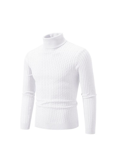 Yeni Erkek Yüksek Boyun Kazak Düz Renk Kazak Örme Sıcak Rahat Balıkçı Yaka Eşofman Yün Erkek Kış Açık Üstleri Beyaz