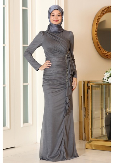 Parıltılı Fırfır Detaylı Zühre Tesettür Abiye Gri