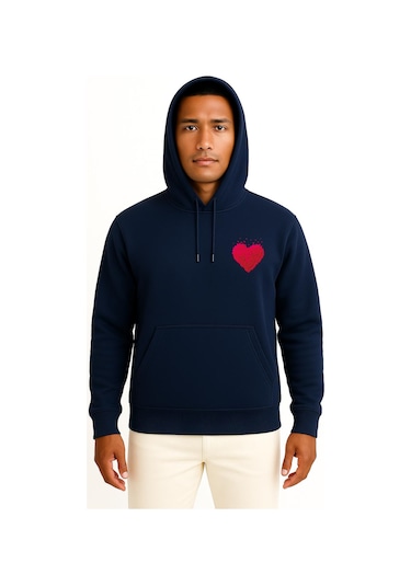 Bahriyeli Collection Kapüşonlu Çoklu Kalp Cep Baskılı Unisex Sweatshirt Lacivert