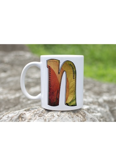 N Harf Yaprak Renkleri İle Kupa Bardak - Kişiye Özel Alfabe Harfli Bardak - Hediye Beyaz